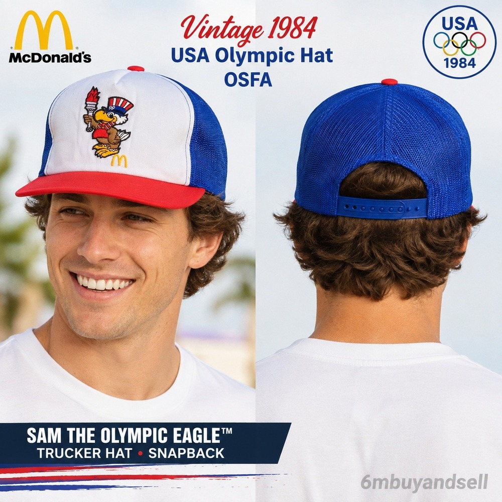 Vintage 1984 McDonalds Olympic Sam the Eagle Trucker Hat Red White Blue Snapback